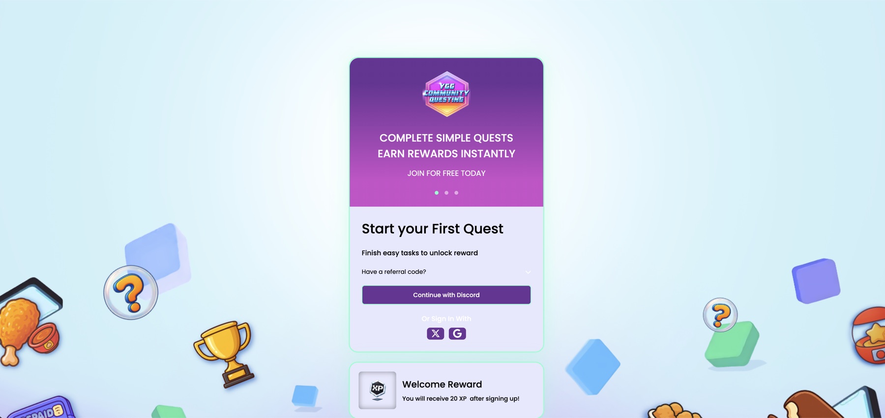 Community Questing welcome screen — start your first quest, earn rewards instantly