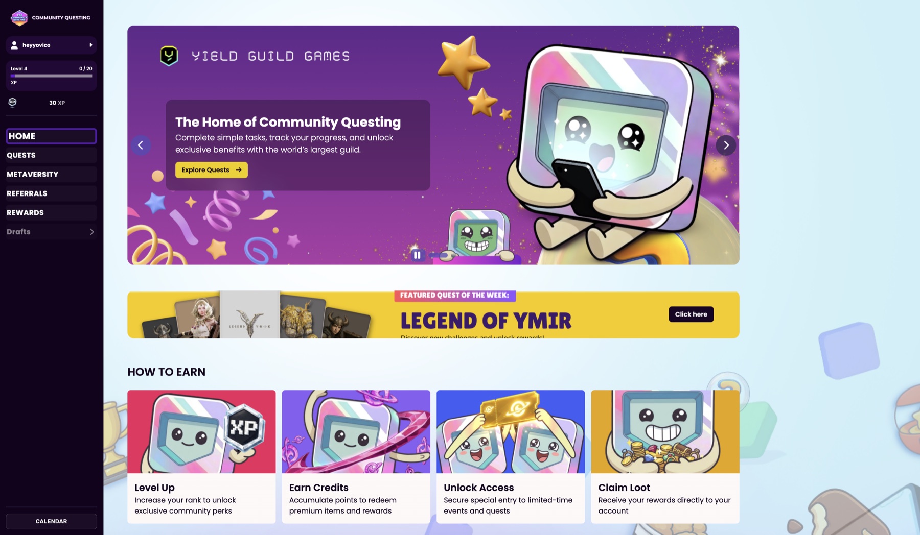 Community Questing dashboard — home screen with featured quest of the week