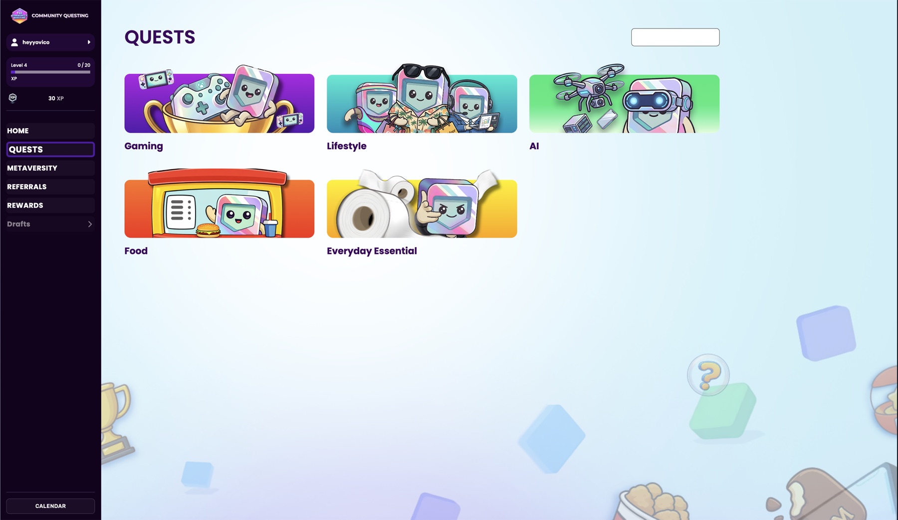 Community Questing — quest categories: gaming, lifestyle, AI, food, everyday essentials